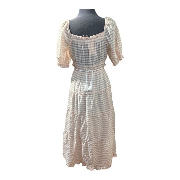 MOON RIVER Puff Sleeve Midi Beach Coverup Dress-Pink Stripe Size S - Picture 3 of 8